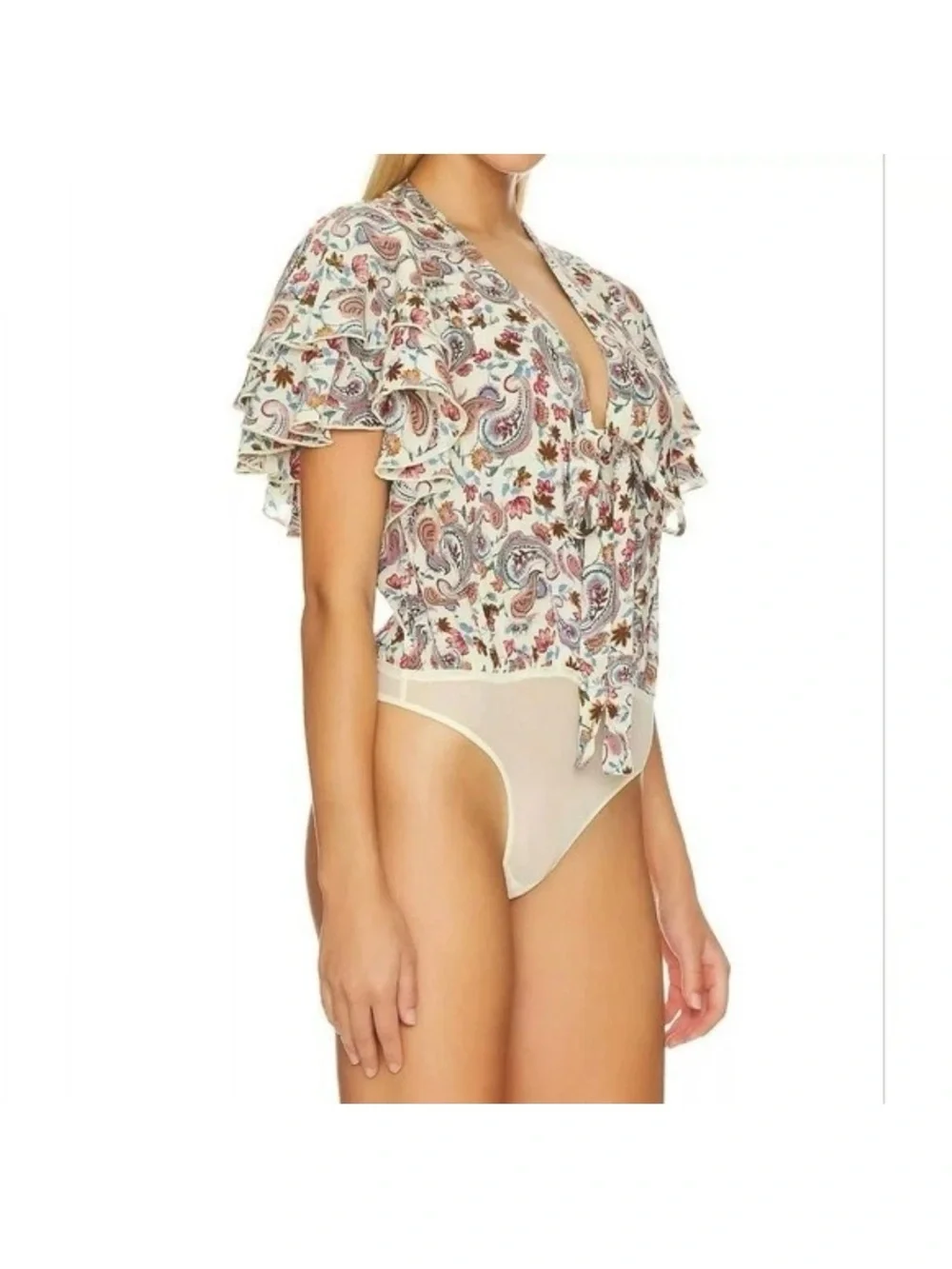 Free People Call Me Later Ruffled Paisley Bodysuit Small
